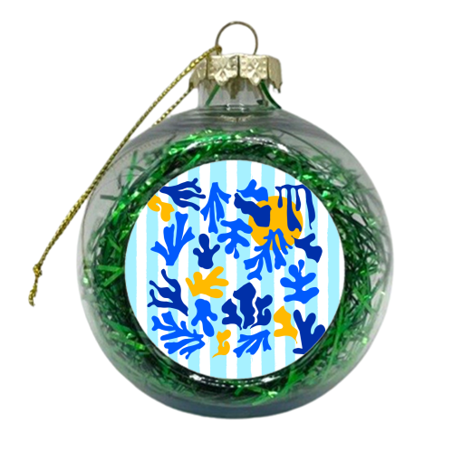 Blue Stripes and Matisse Coastal Sunset Illustration - xmas bauble by AbstraBotanica by Ezbie