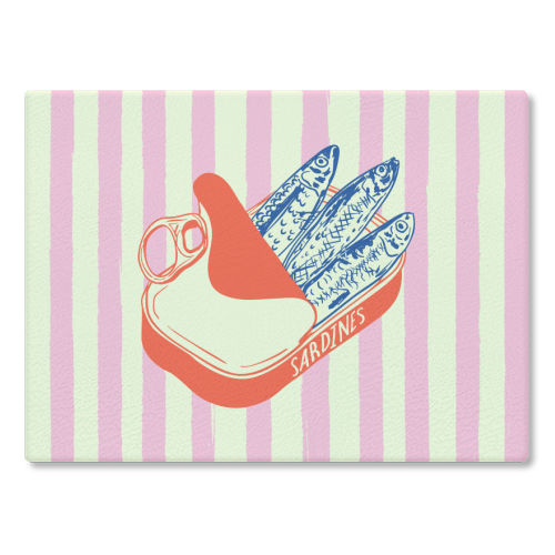 Sardines Tin Can Coastal Summer Pink Stripes - glass chopping board by EZbie