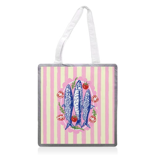 Tomato and Sardines Pink Stripes Summer Coastal Illustration - printed canvas tote bag by EZbie