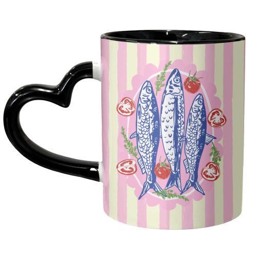 Tomato and Sardines Pink Stripes Summer Coastal Illustration - unique mug by EZbie