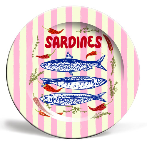 Spicy Sardines Mediterranean Summer Pink Stripes Illustration - ceramic dinner plate by EZbie