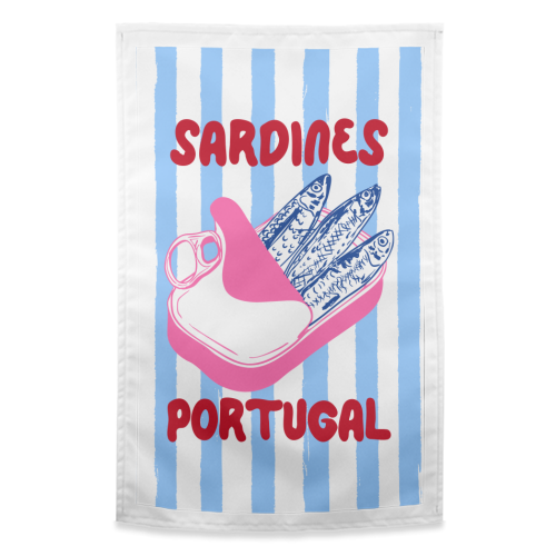 Sardines Portugal Coastal Stripes Mediterranean Summer - funny tea towel by EZbie