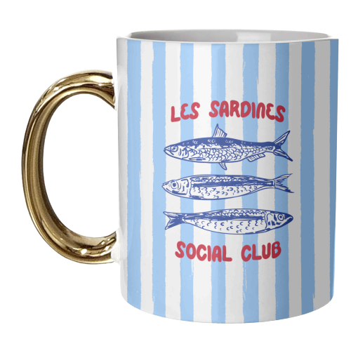 Sardines Social Club Blue Stripes Coastal Illustration - unique mug by EZbie