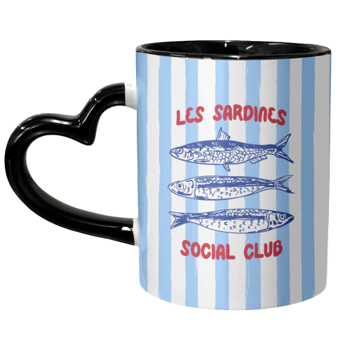 Sardines Social Club Blue Stripes Coastal Illustration - unique mug by EZbie