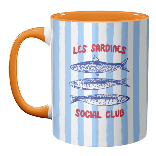 Sardines Social Club Blue Stripes Coastal Illustration - unique mug by EZbie