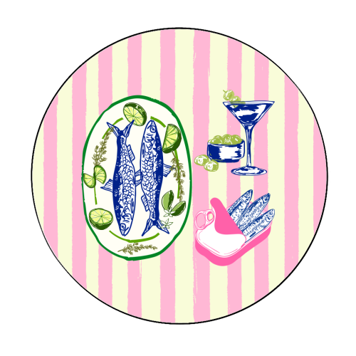 Sardines and Martini Pink Stripes Retro Coastal Illustration - Circle Sticker by EZbie