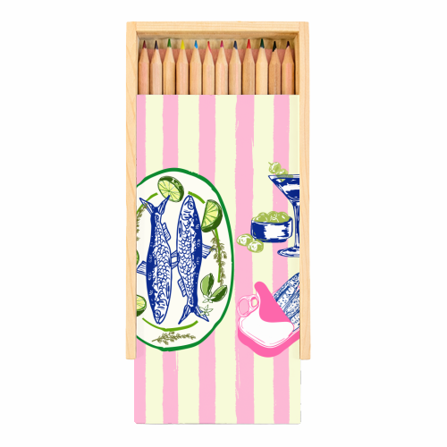 Sardines and Martini Pink Stripes Retro Coastal Illustration - Coloured Pencils with Box by EZbie