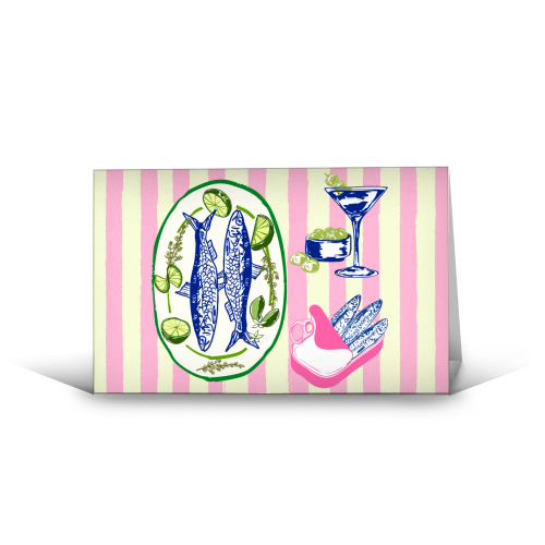 Sardines and Martini Pink Stripes Retro Coastal Illustration - funny greeting card by EZbie