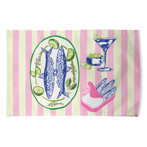 Sardines and Martini Pink Stripes Retro Coastal Illustration - funny tea towel by EZbie
