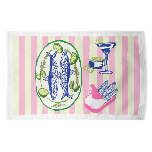 Sardines and Martini Pink Stripes Retro Coastal Illustration - funny tea towel by EZbie