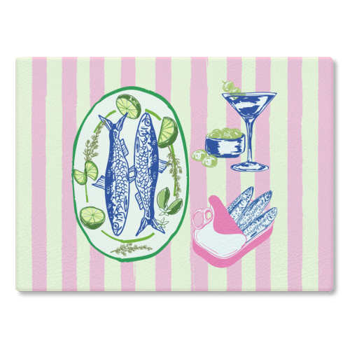 Sardines and Martini Pink Stripes Retro Coastal Illustration - glass chopping board by EZbie