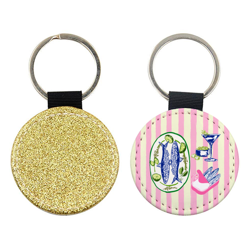 Sardines and Martini Pink Stripes Retro Coastal Illustration - keyring by EZbie