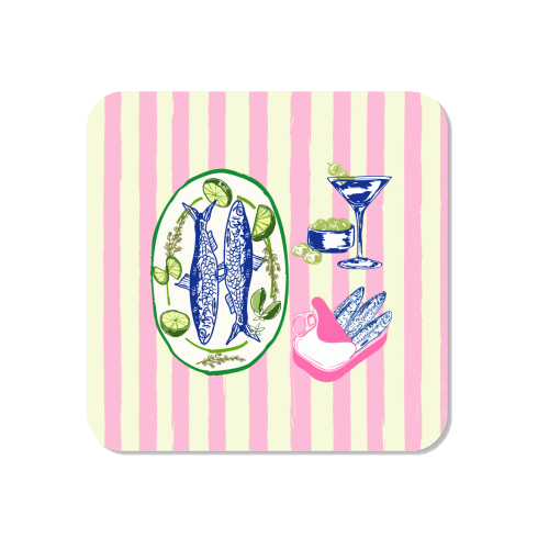 Sardines and Martini Pink Stripes Retro Coastal Illustration - Magnet by EZbie