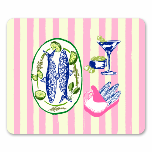 Sardines and Martini Pink Stripes Retro Coastal Illustration - mouse mat by EZbie