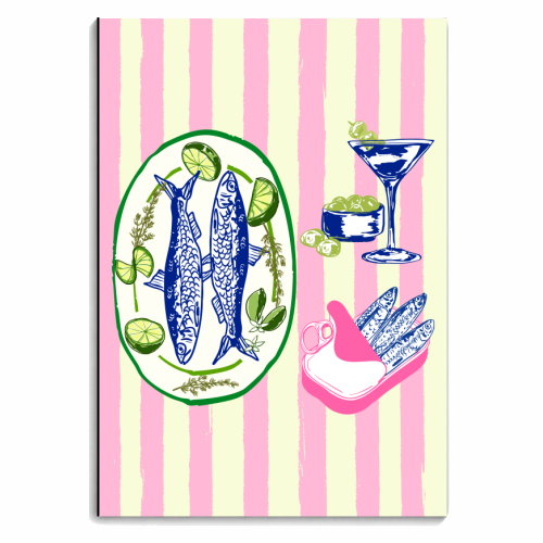 Sardines and Martini Pink Stripes Retro Coastal Illustration - personalised A4, A5, A6 notebook by EZbie
