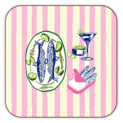 Sardines and Martini Pink Stripes Retro Coastal Illustration - personalised beer coaster by EZbie