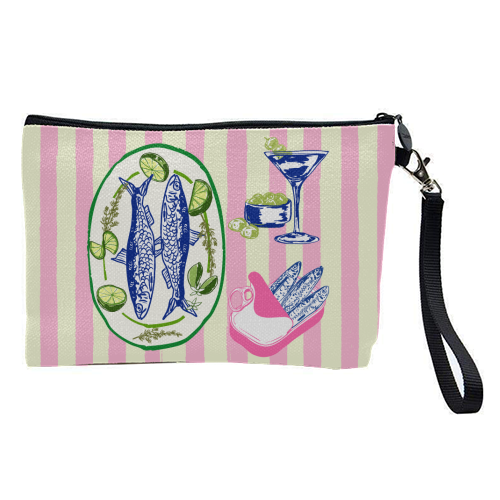 Sardines and Martini Pink Stripes Retro Coastal Illustration - pretty makeup bag by EZbie