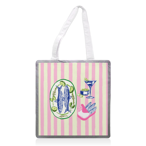 Sardines and Martini Pink Stripes Retro Coastal Illustration - printed canvas tote bag by EZbie