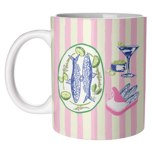 Sardines and Martini Pink Stripes Retro Coastal Illustration - unique mug by EZbie