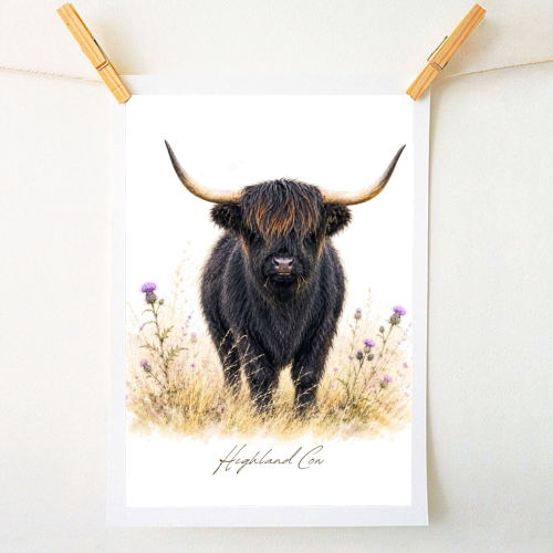 Black Highland Cow with thistles. - A1 - A4 art print by Wildling Studio