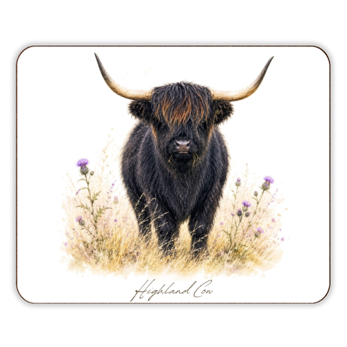 Black Highland Cow with thistles. - designer placemat by Wildling Studio