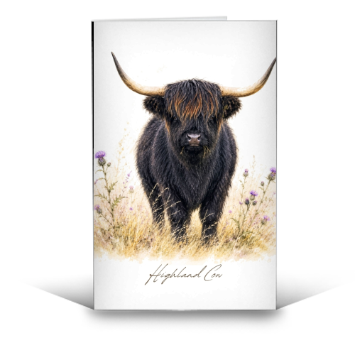Black Highland Cow with thistles. - funny greeting card by Wildling Studio