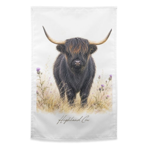 Black Highland Cow with thistles. - funny tea towel by Wildling Studio