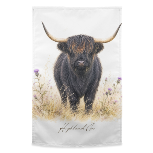 Black Highland Cow with thistles. - funny tea towel by Wildling Studio