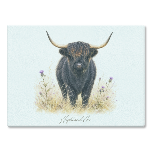 Black Highland Cow with thistles. - glass chopping board by Wildling Studio