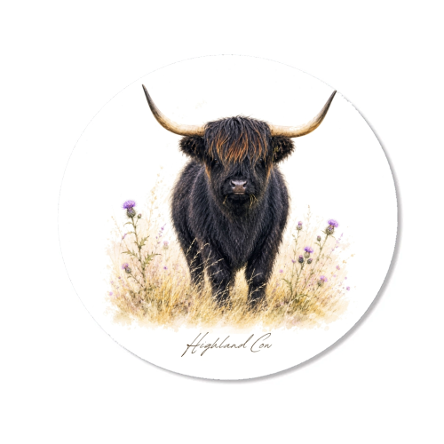 Black Highland Cow with thistles. - Magnet by Wildling Studio
