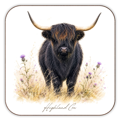 Black Highland Cow with thistles. - personalised beer coaster by Wildling Studio