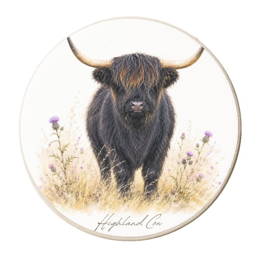 Black Highland Cow with thistles. - personalised beer coaster by Wildling Studio