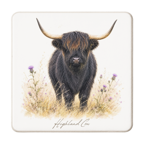 Black Highland Cow with thistles. - personalised beer coaster by Wildling Studio