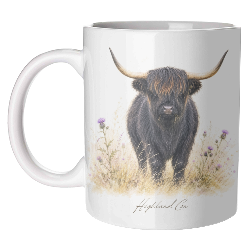 Black Highland Cow with thistles. - unique mug by Wildling Studio
