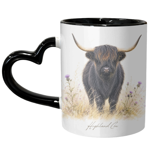 Black Highland Cow with thistles. - unique mug by Wildling Studio