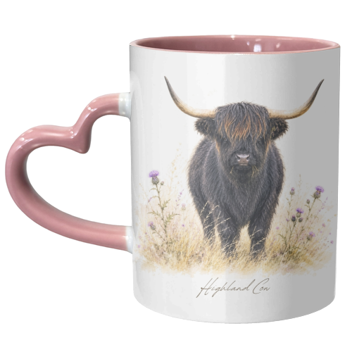 Black Highland Cow with thistles. - unique mug by Wildling Studio
