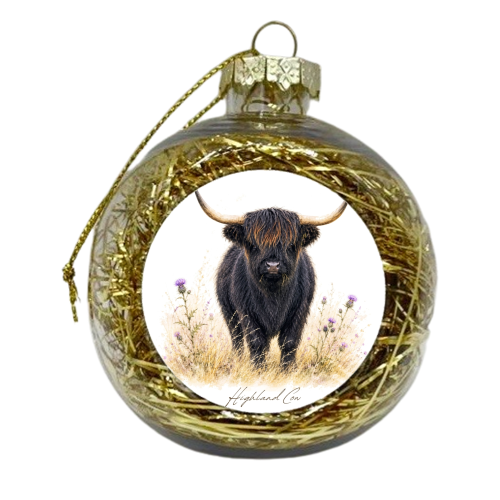 Black Highland Cow with thistles. - xmas bauble by Wildling Studio