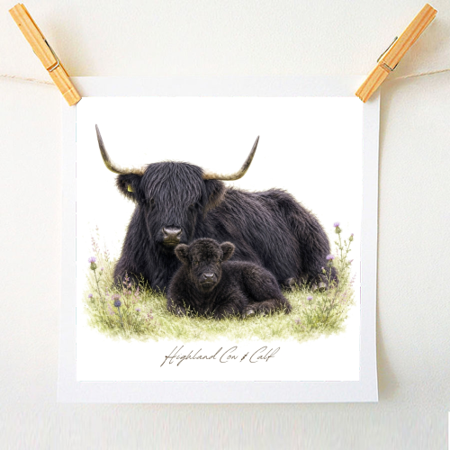 Black Highland Cow and calf - A1 - A4 art print by Wildling Studio