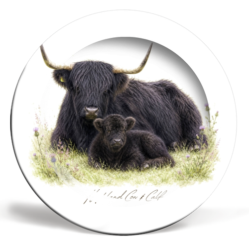 Black Highland Cow and calf - ceramic dinner plate by Wildling Studio