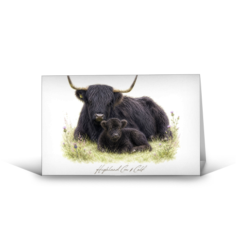 Black Highland Cow and calf - funny greeting card by Wildling Studio