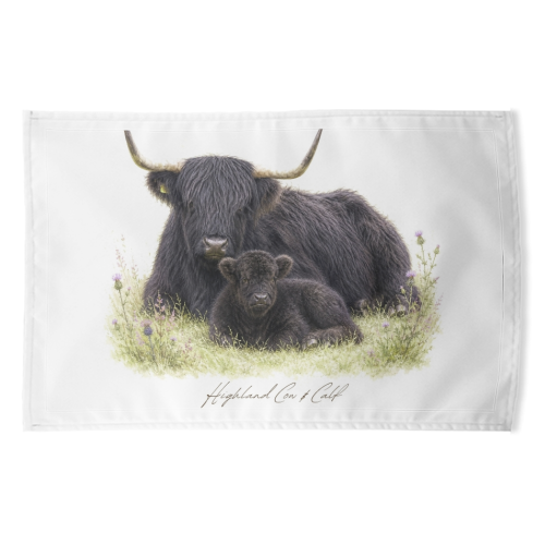Black Highland Cow and calf - funny tea towel by Wildling Studio