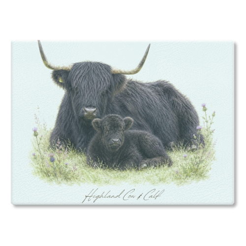 Black Highland Cow and calf - glass chopping board by Wildling Studio