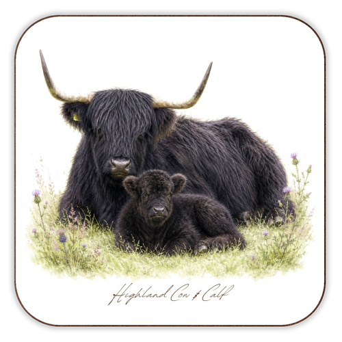 Black Highland Cow and calf - personalised beer coaster by Wildling Studio