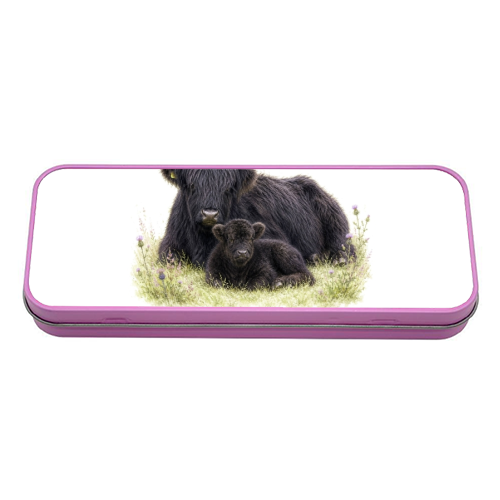 Black Highland Cow and calf - tin pencil case by Wildling Studio