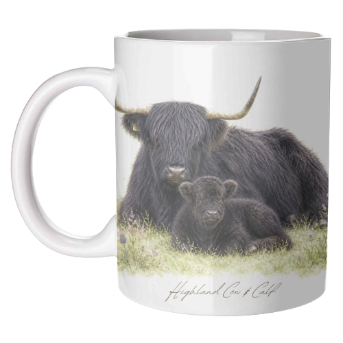 Black Highland Cow and calf - unique mug by Wildling Studio