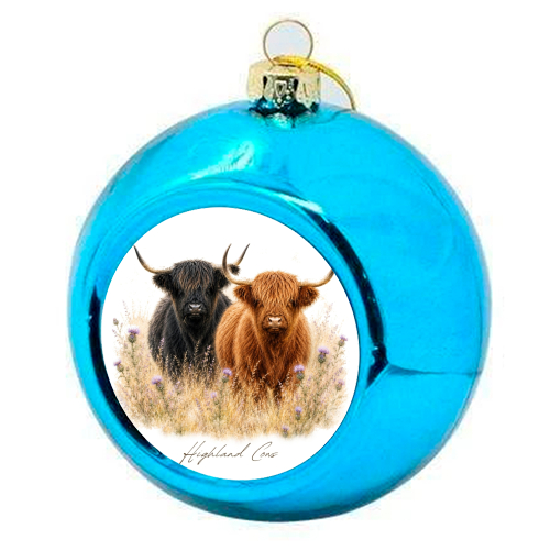 Watercolour Highland Cows - colourful christmas bauble by Wildling Studio