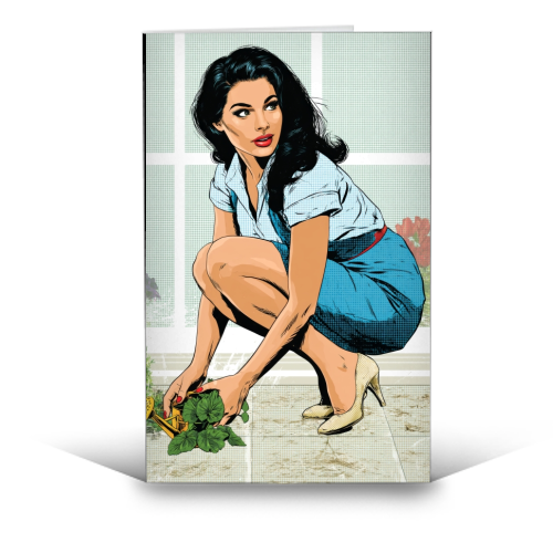 Retro Doll in the Garden - funny greeting card by DejaReve