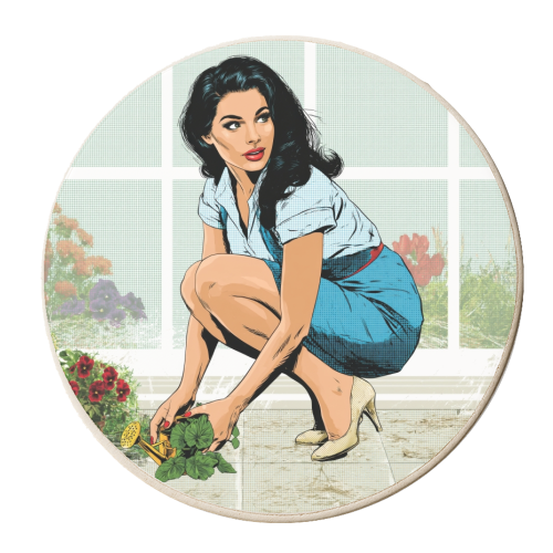 Retro Doll in the Garden - personalised beer coaster by DejaReve