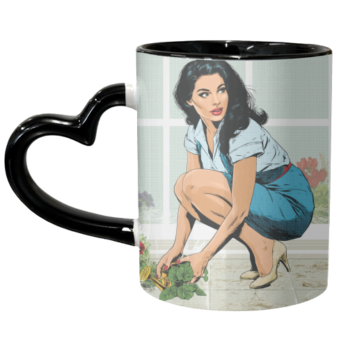 Retro Doll in the Garden - unique mug by DejaReve