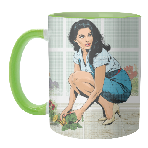 Retro Doll in the Garden - unique mug by DejaReve